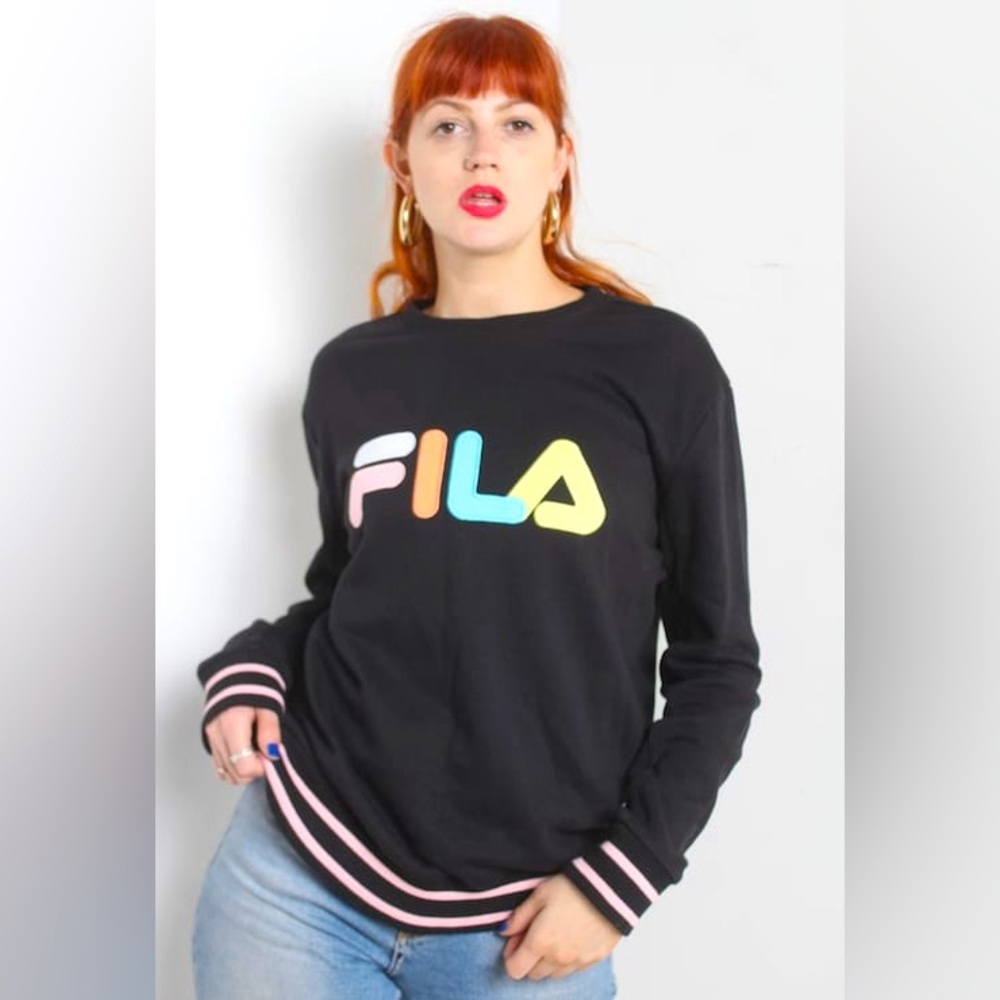 Fila Black Pastel Spell Out Logo Pullover Crew Neck Striped Sweater.